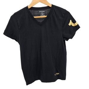 True Religion V-Neck T-Shirt Women's Small‎ Black Gold Logo Short Sleeve Tee